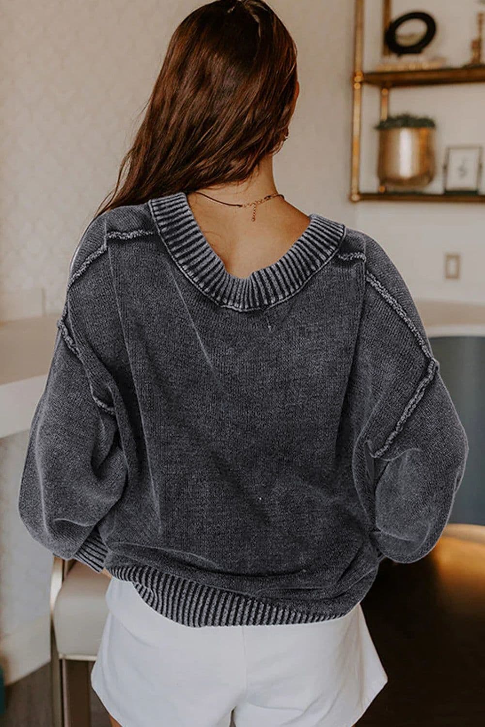 image-Four Leaf Clover Mineral Wash V Neck Knit Exposed Seam Drop Shoulder Loose Sweater