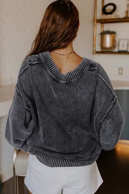 image-Four Leaf Clover Mineral Wash V Neck Knit Exposed Seam Drop Shoulder Loose Sweater