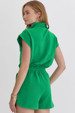 image-Dark Khaki Textured Short Sleeve Half Zip Romper