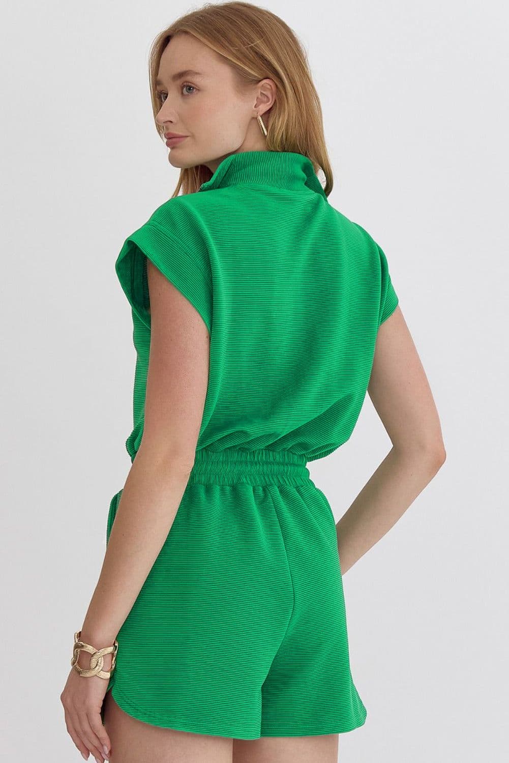 image-Dark Khaki Textured Short Sleeve Half Zip Romper