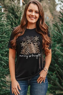 image-Black Leopard Christmas Tree Graphic Crew Neck T-Shirt