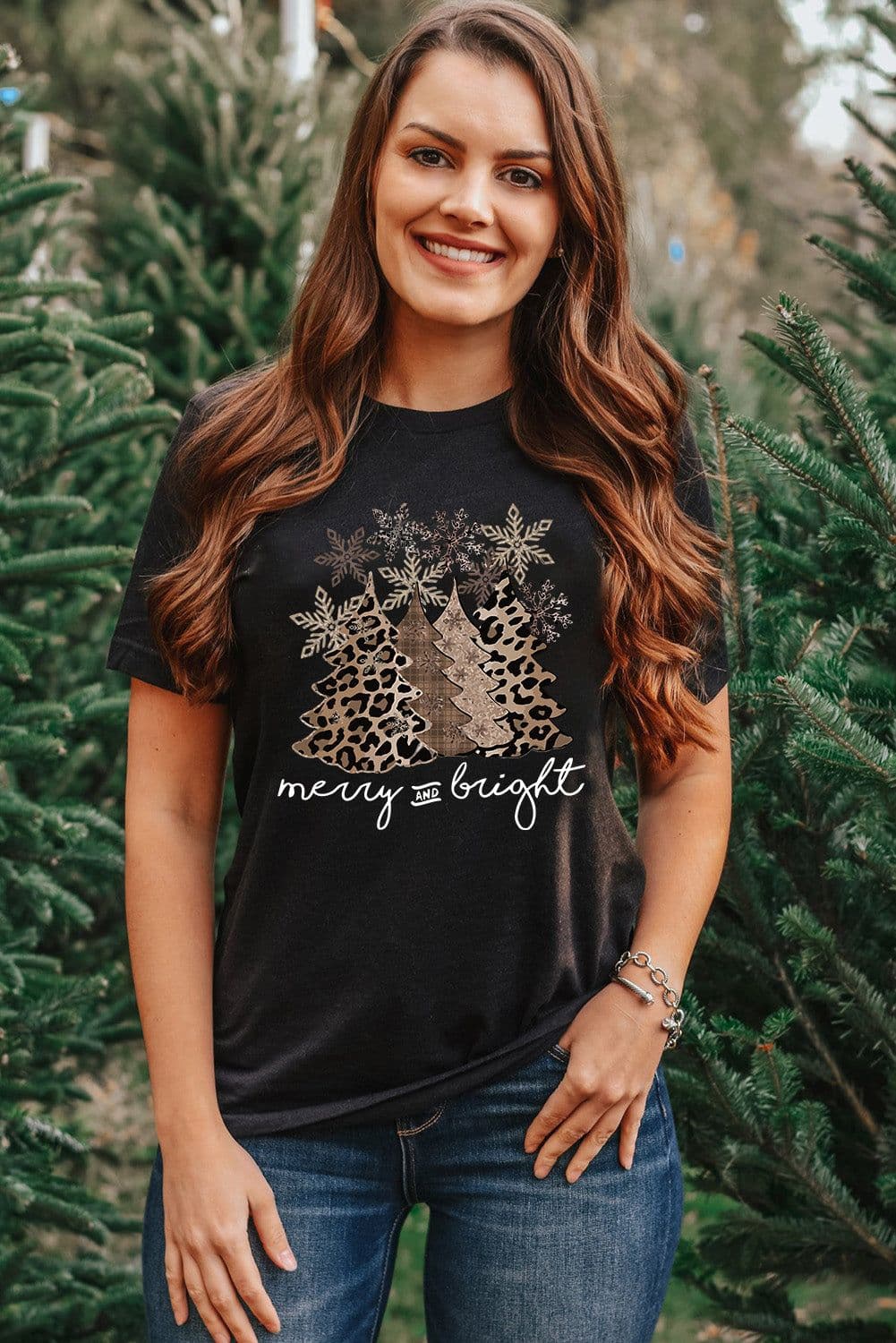 image-Black Leopard Christmas Tree Graphic Crew Neck T-Shirt