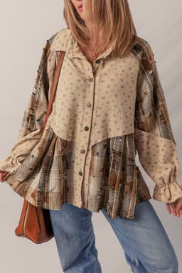 image-Mist Green Boho Floral Plaid Patchwork Distressed Detail Ruffled Sleeve Waffle Knit Shacket