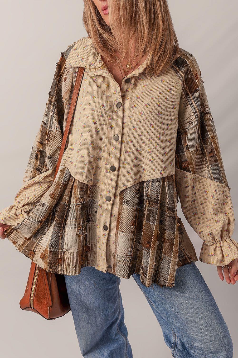image-Mist Green Boho Floral Plaid Patchwork Distressed Detail Ruffled Sleeve Waffle Knit Shacket