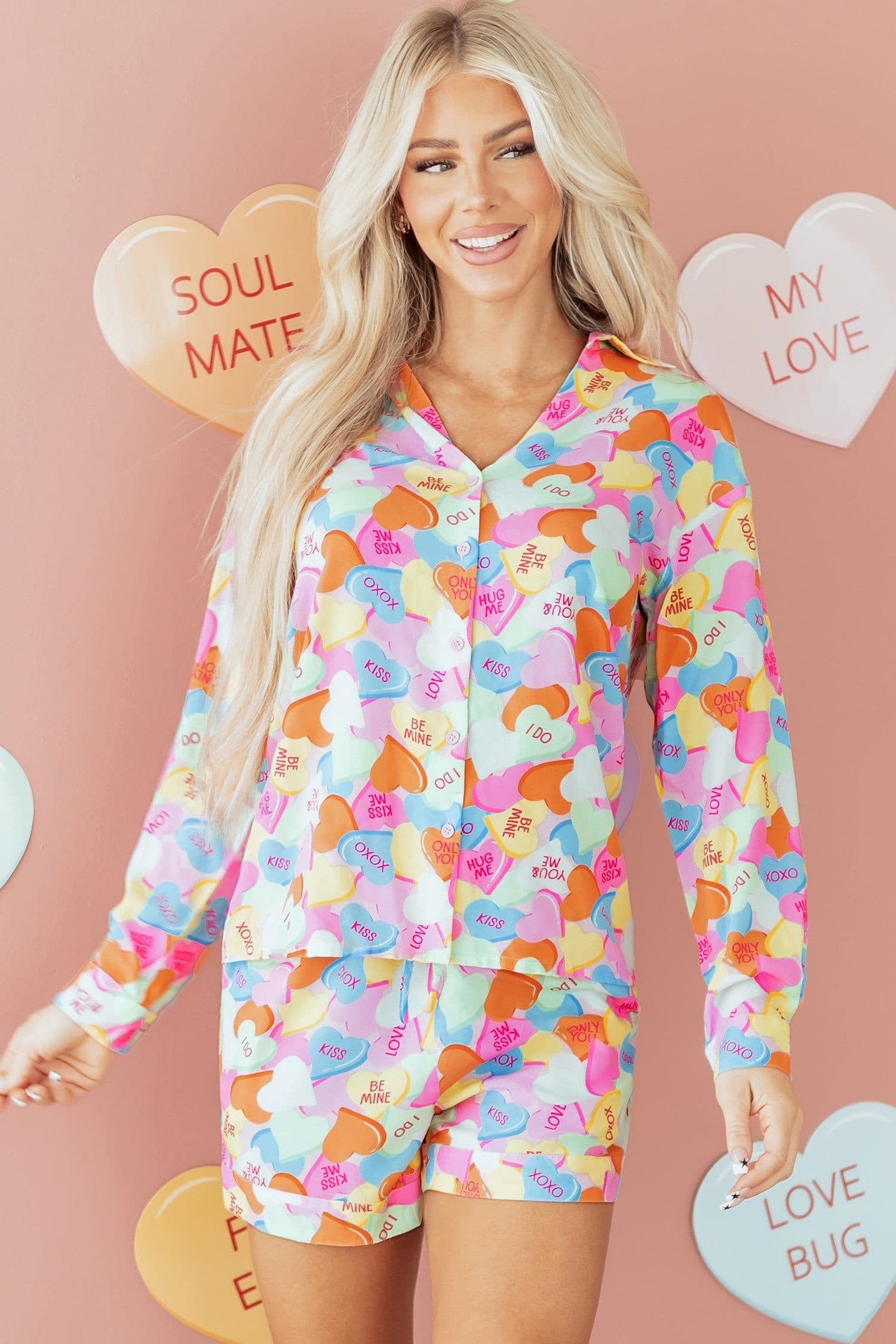 image-Pink Valentines Candy Heart Pajama Set 2pc