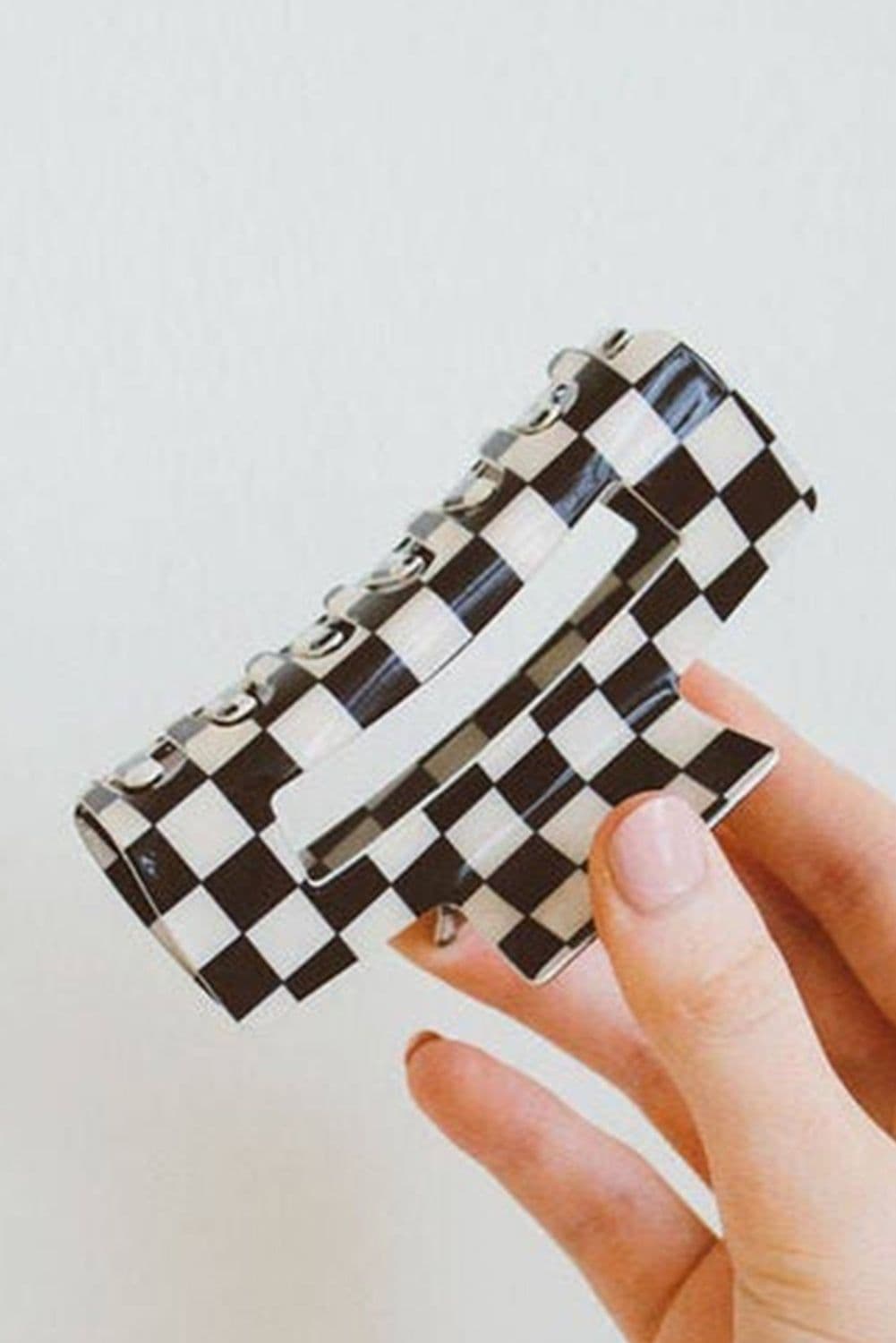 image-Black Checkered Hollow Out Hair Clip - Large Acrylic