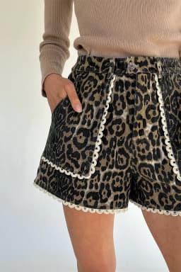 image-Khaki Contrast Scalloped Lace Trim Leopard Denim Shorts