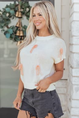 image-White Short Sleeve Knit Contrast Bow Knot Loose Sweater