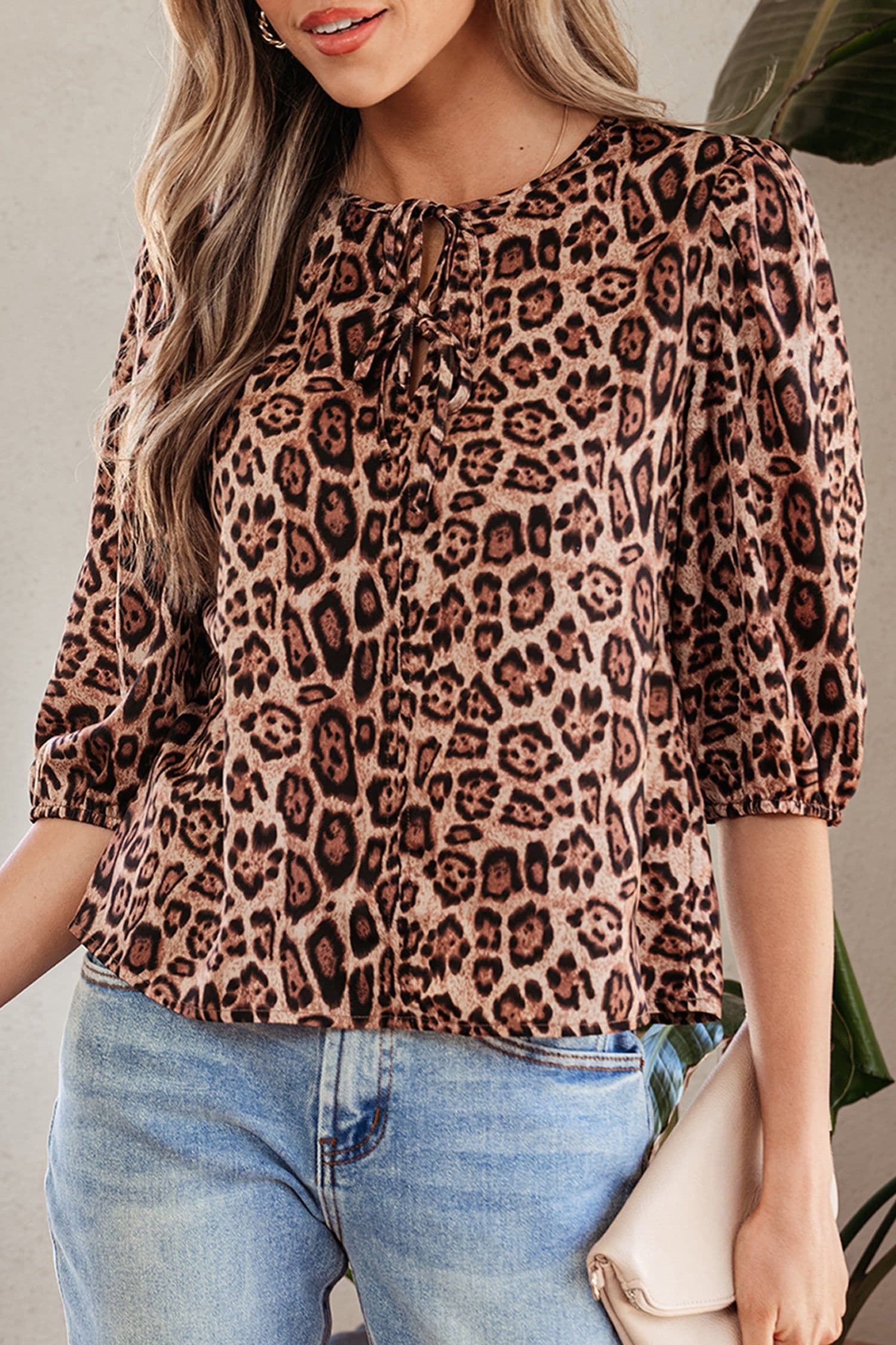 image-Brown Leopard Bow Tie Puff Sleeve Blouse
