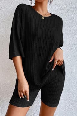 image-Apricot Plain Ribbed Loose Fit Two Piece Lounge Set