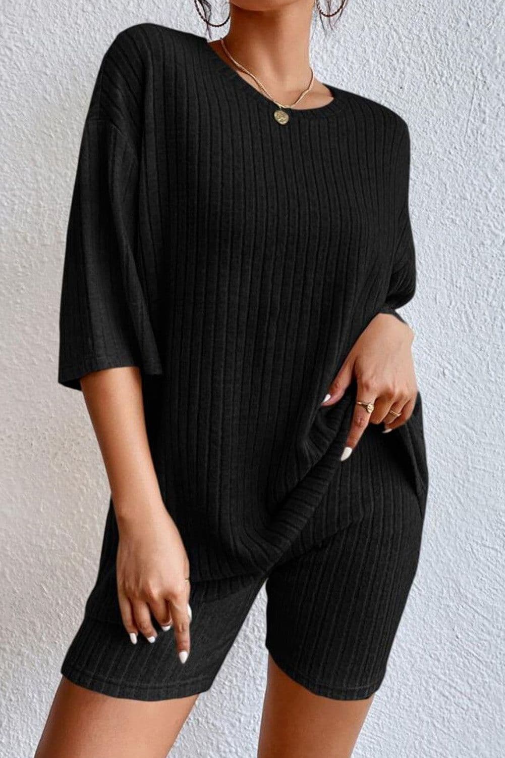 image-Apricot Plain Ribbed Loose Fit Two Piece Lounge Set