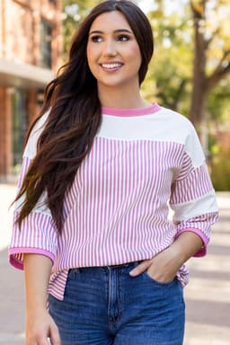 image-Phalaenopsis Striped Patchwork 3/4 Sleeve Top