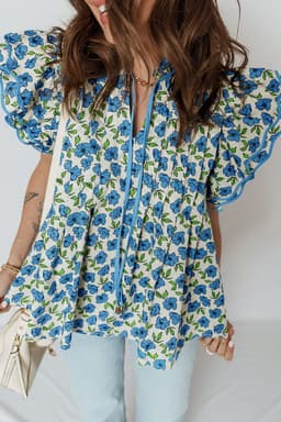 image-Sky Blue Tiered Flutter Sleeve Pleated Flower Blouse