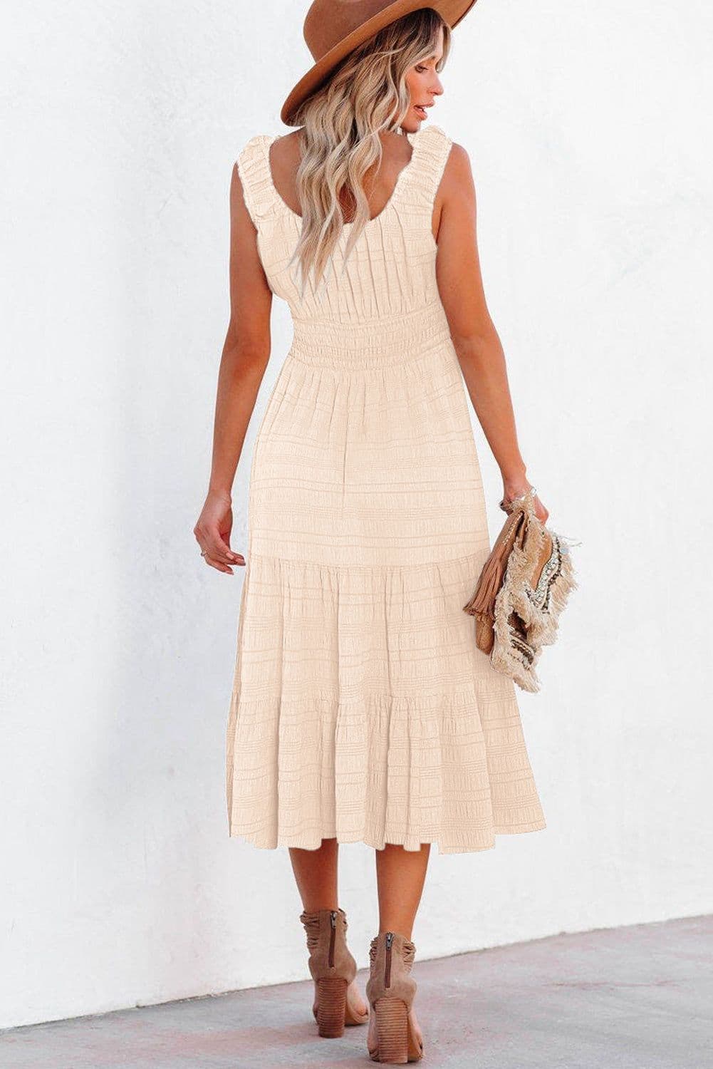 image-Rose Shirred Pleated Square Neck Sleeveless Midi Dress
