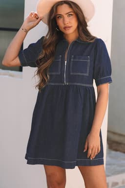 image-Dirty Blue Denim Dress - Collared Puff Sleeve Zip Front