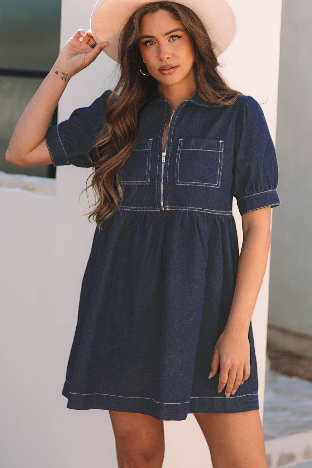 image-Dirty Blue Denim Dress - Collared Puff Sleeve Zip Front
