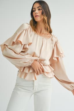 image-Oatmeal Ruffled Peplum Blouse - Keyhole Back, Size S-XL