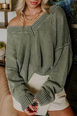 image-Four Leaf Clover Mineral Wash V Neck Knit Exposed Seam Drop Shoulder Loose Sweater