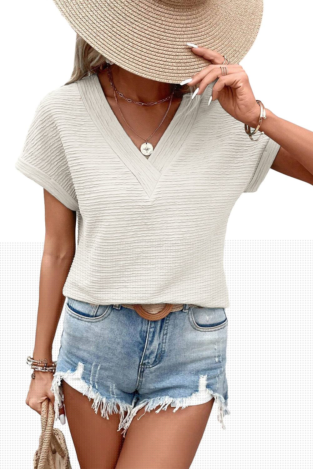 image-Khaki Textured Wide Sleeve V Neck T Shirt