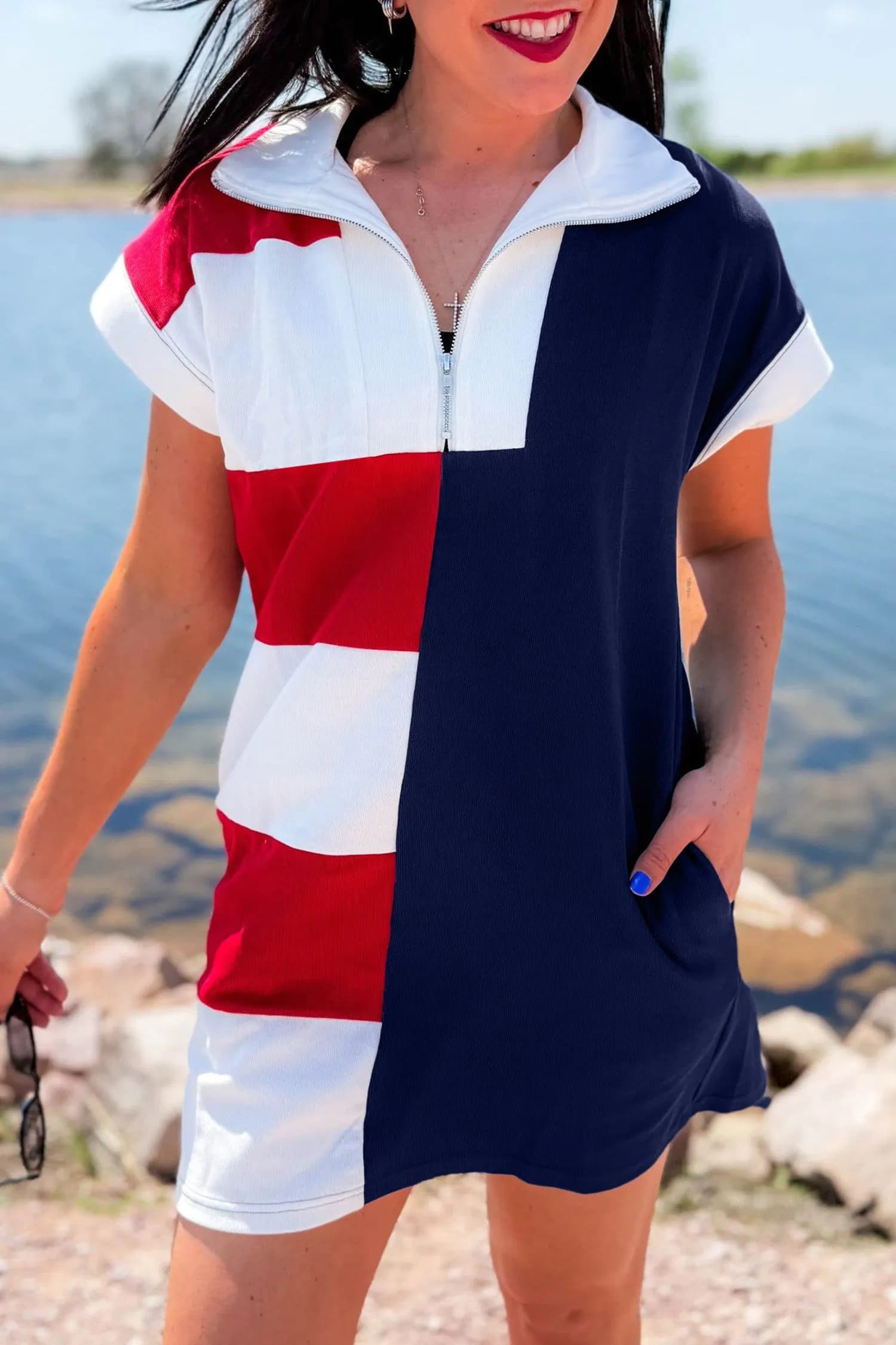 image-Navy Blue Americana Striped Zip Collar T Shirt Dress