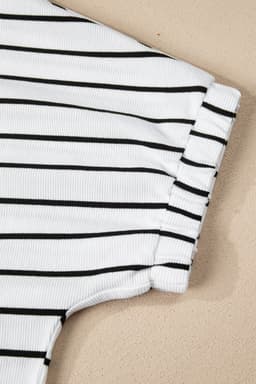image-Blue Stripe Stand Collar V Neck Elastic Cuffs Half Sleeve Dolman Top