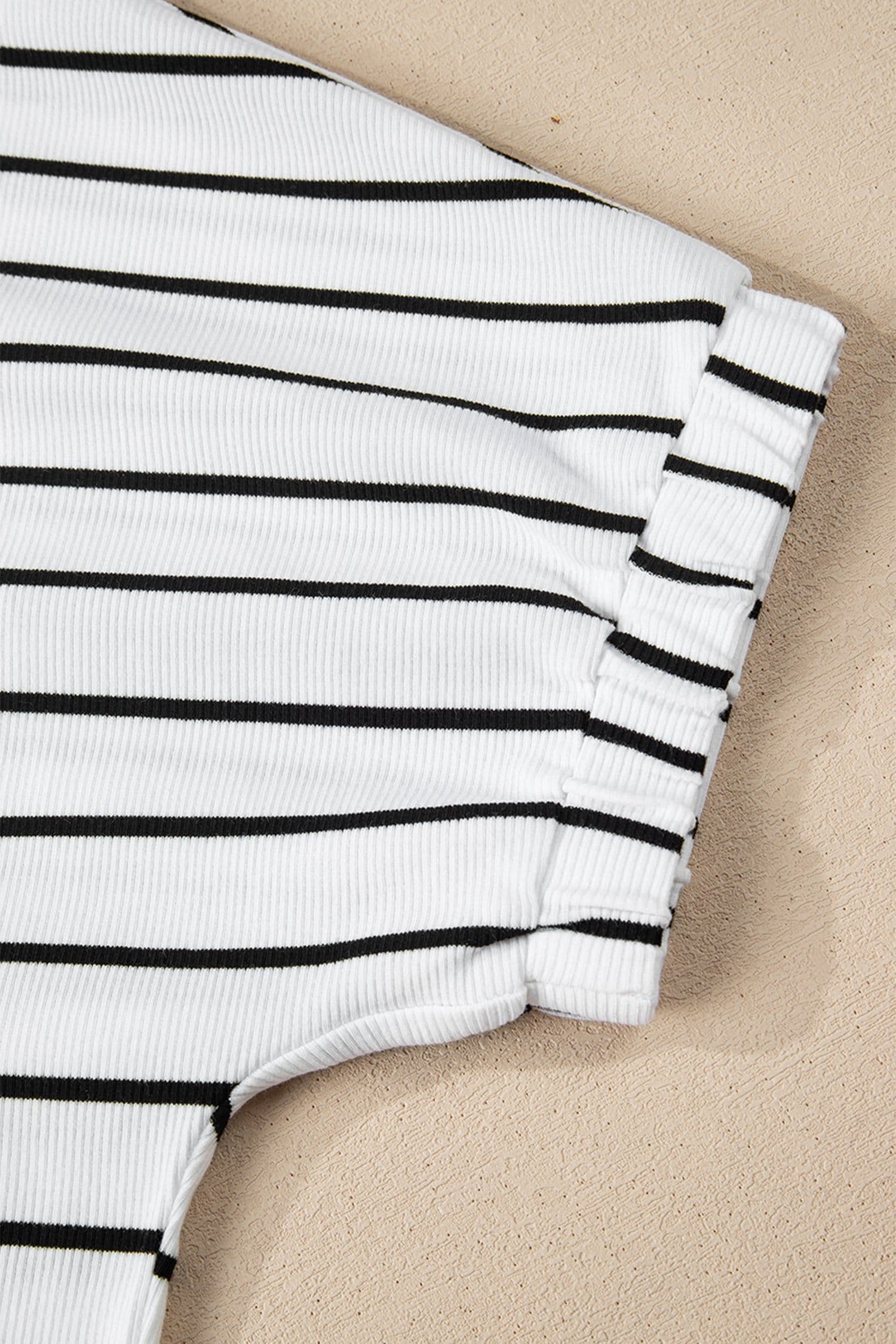 image-Blue Stripe Stand Collar V Neck Elastic Cuffs Half Sleeve Dolman Top