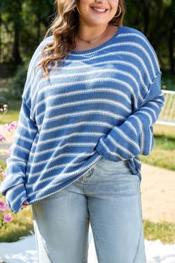 image-Sky Blue Stripe Drop Shoulder Sweater - Plus Size