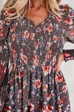 image-Brown Floral Mesh Mini Dress - Smocked Bodice Long Sleeve