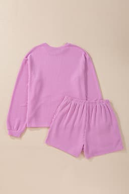 image-Corded Knit Long Sleeve Top & High Waist Shorts Set, Carbon Grey