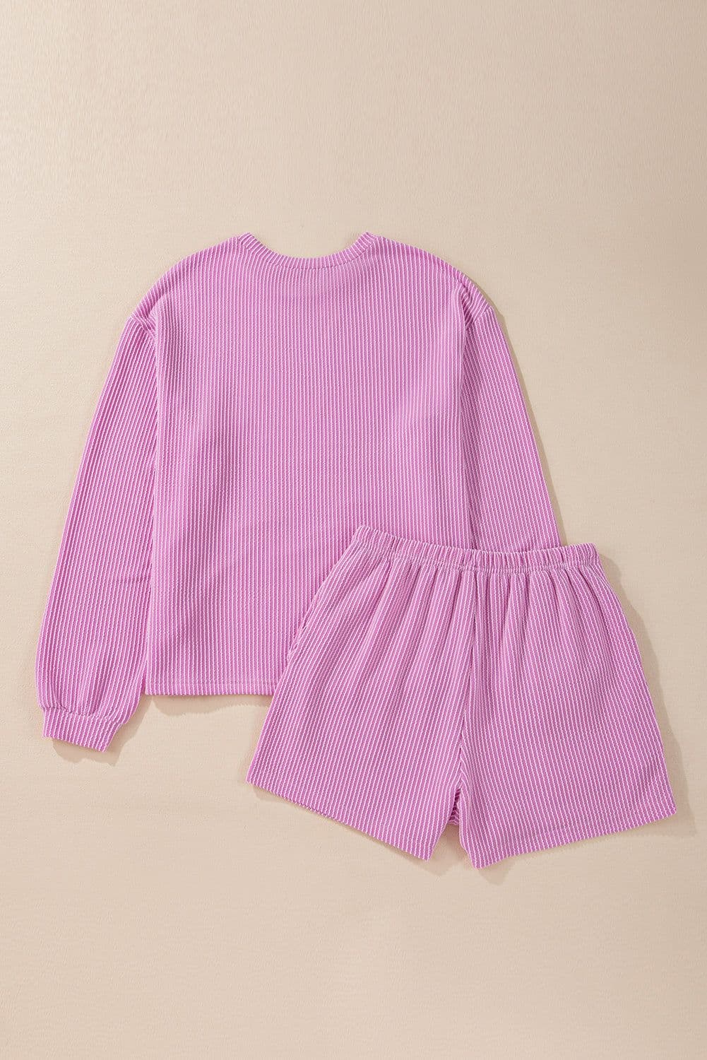 image-Corded Knit Long Sleeve Top & High Waist Shorts Set, Carbon Grey