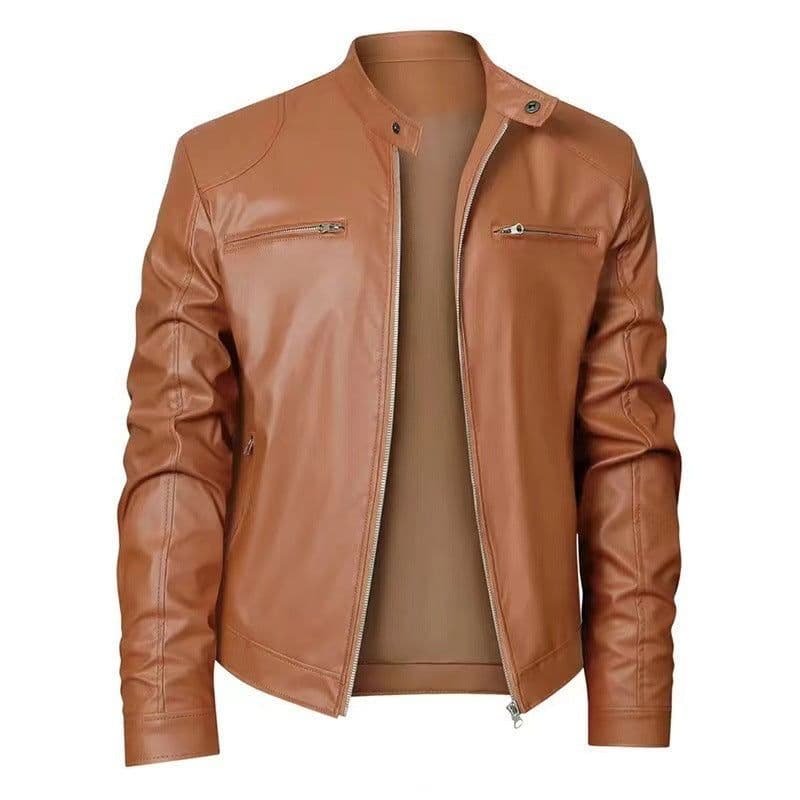 image-Gentleman's Warm Zipper Cardigan Pocket Decorated Pu Leather Coat