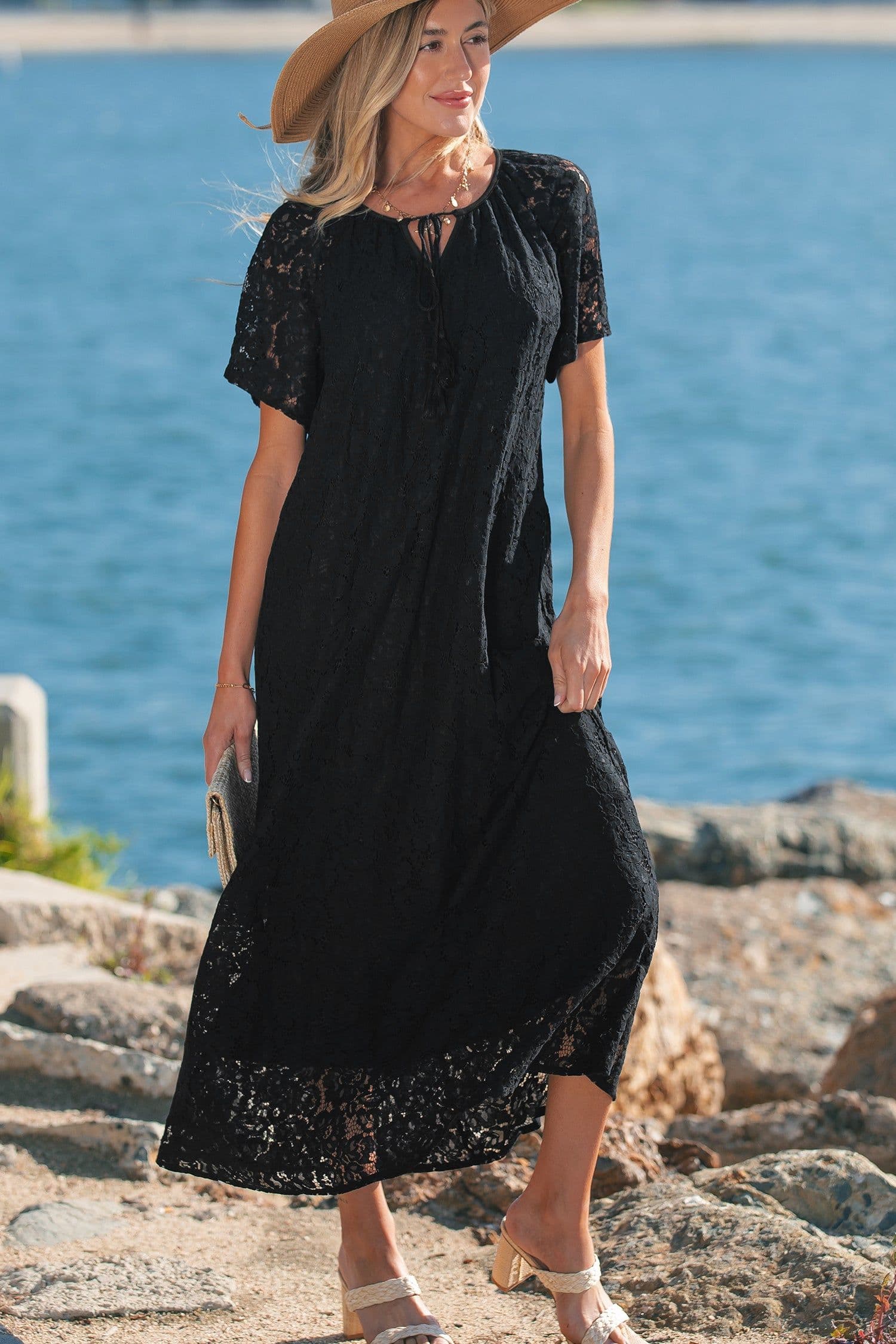 image-Black Floral Lace Overlay Tassel Tie Short Sleeve Beach Vacation Loose Maxi Dress