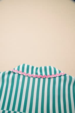 image-Green Stripe Contrast Ricrac Trim Long Sleeve Shirt Drawstring Ruffled Pajama Short Set