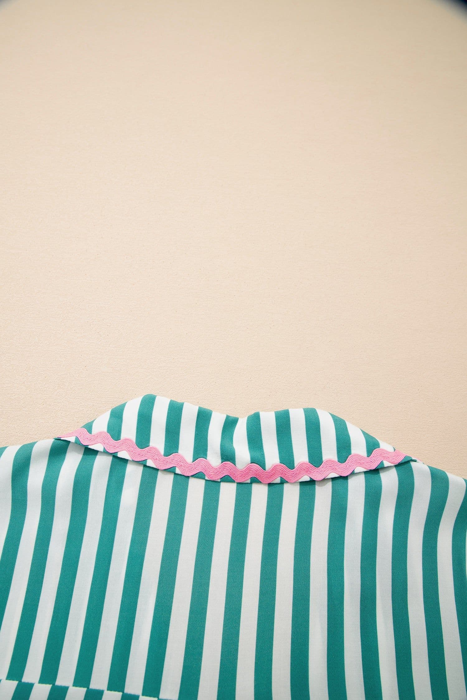 image-Green Stripe Contrast Ricrac Trim Long Sleeve Shirt Drawstring Ruffled Pajama Short Set