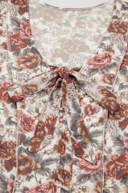 image-Red Floral Print Stitched Detail Tie V Neck Long Bell Sleeve Blouse