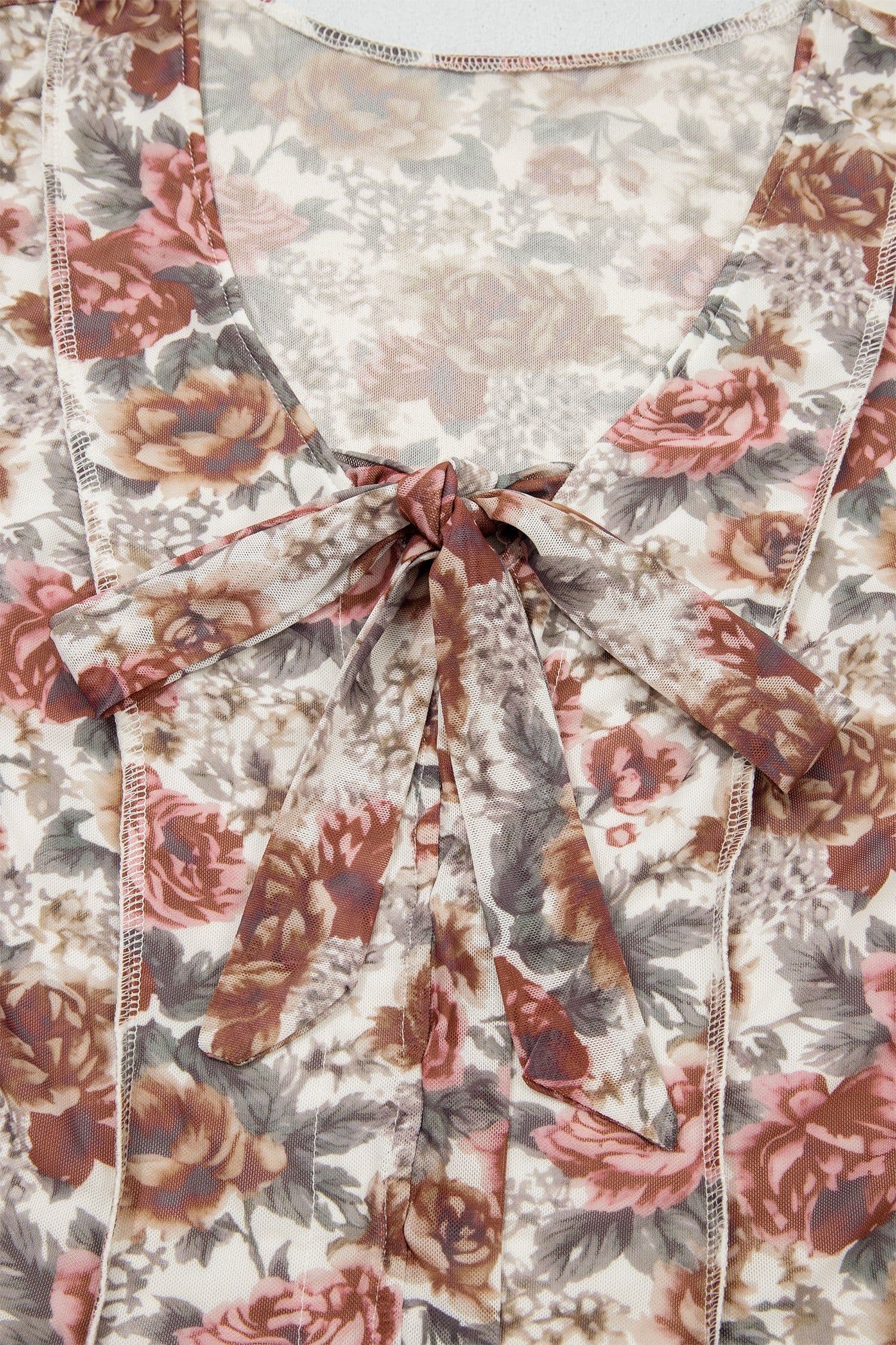 image-Red Floral Print Stitched Detail Tie V Neck Long Bell Sleeve Blouse