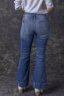image-Sky Blue Distressed Medium Wash Flare Jeans (65 characters)