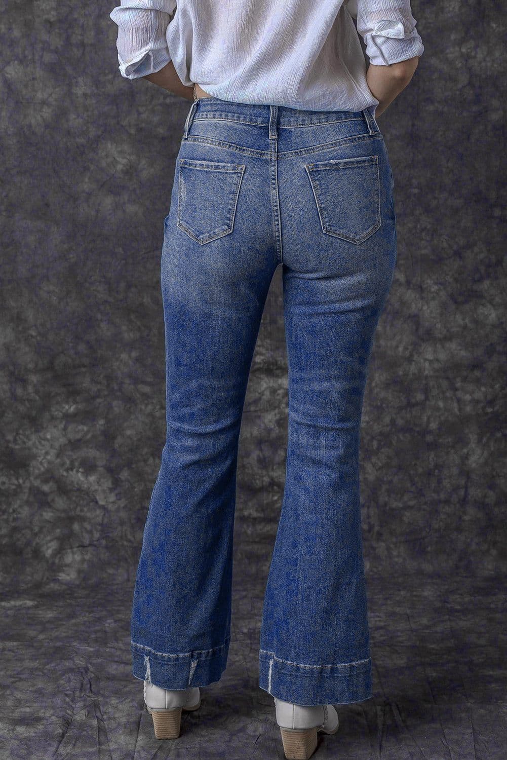 image-Sky Blue Distressed Medium Wash Flare Jeans (65 characters)
