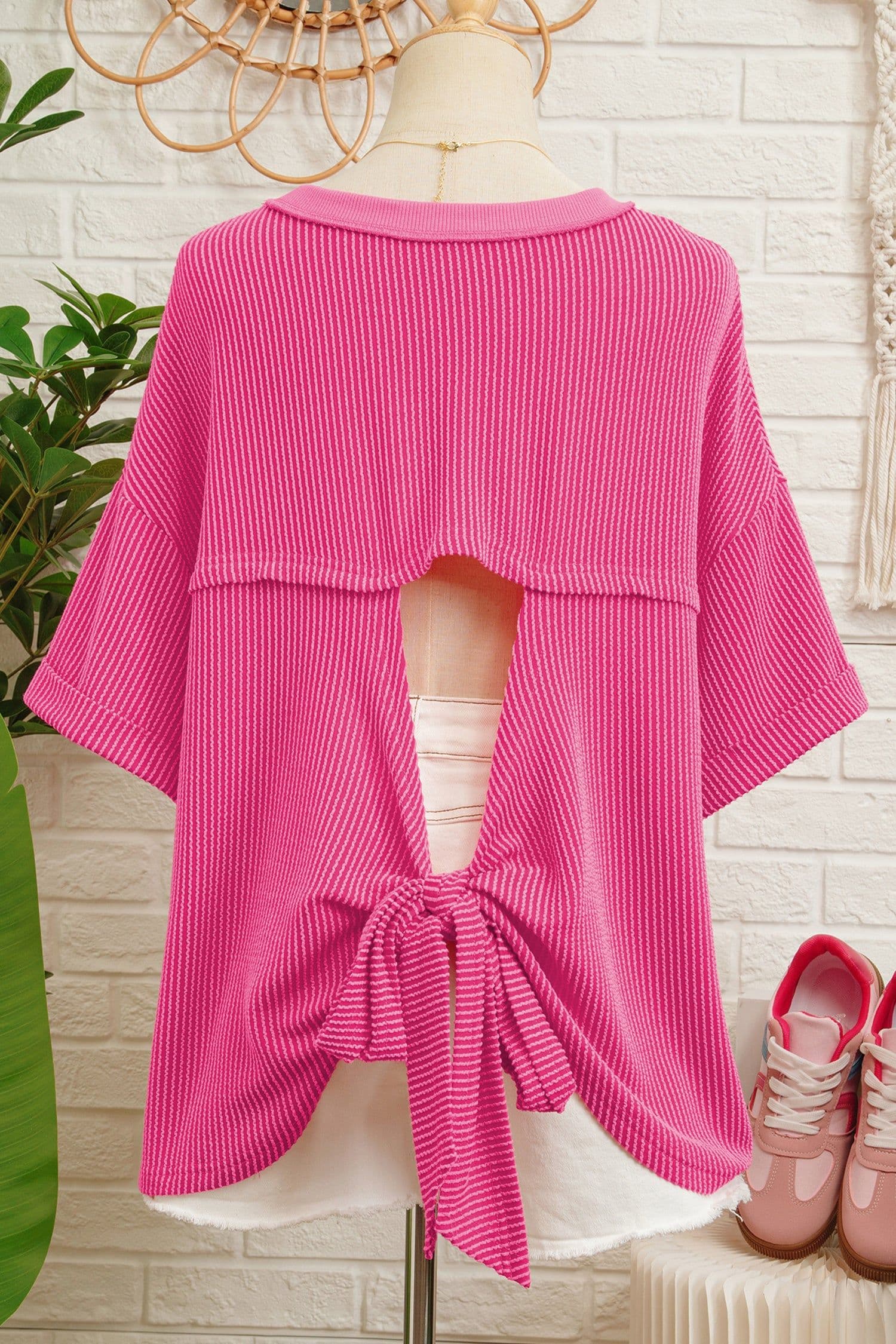 image-Rose Red Spiral Ribbed Cutout Bow T Shirt