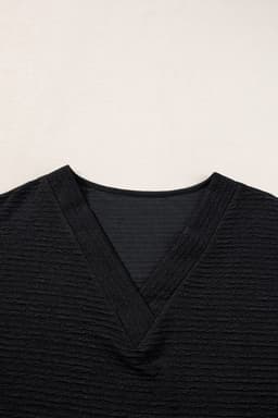 image-Khaki Textured Wide Sleeve V Neck T Shirt