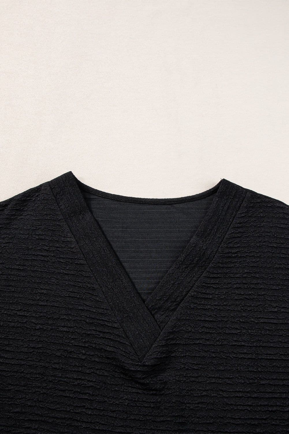 image-Khaki Textured Wide Sleeve V Neck T Shirt