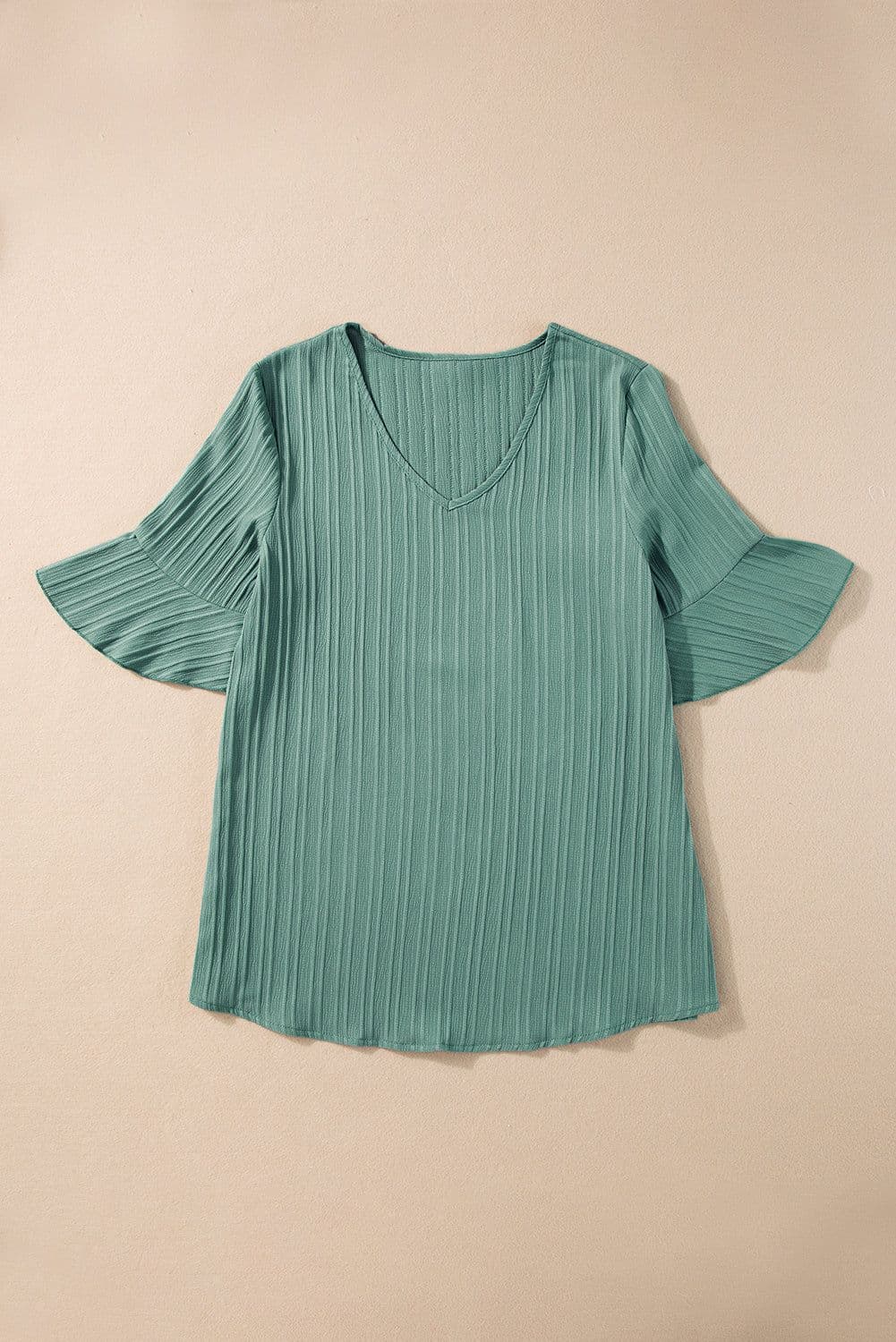 image-Peach Blossom Ruffled Half Sleeve V Neck Textured Top