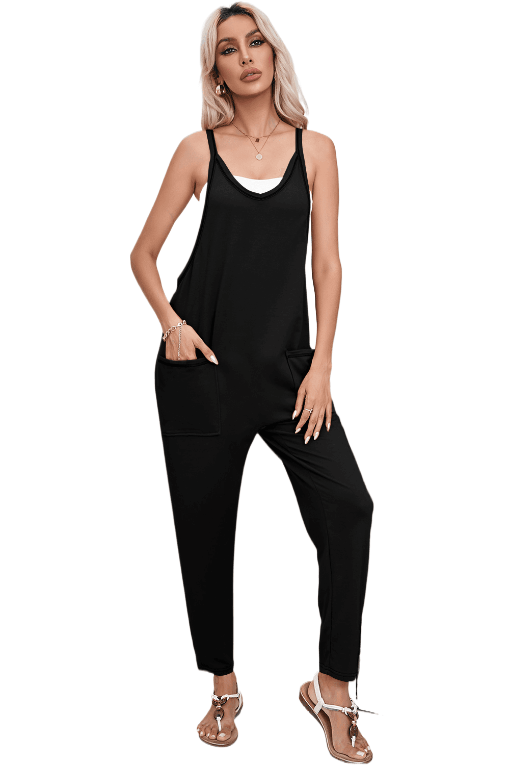 image-Black Harem Pants Jumpsuit V Neck Sleeveless Side Pockets Fashion Jumpsuit