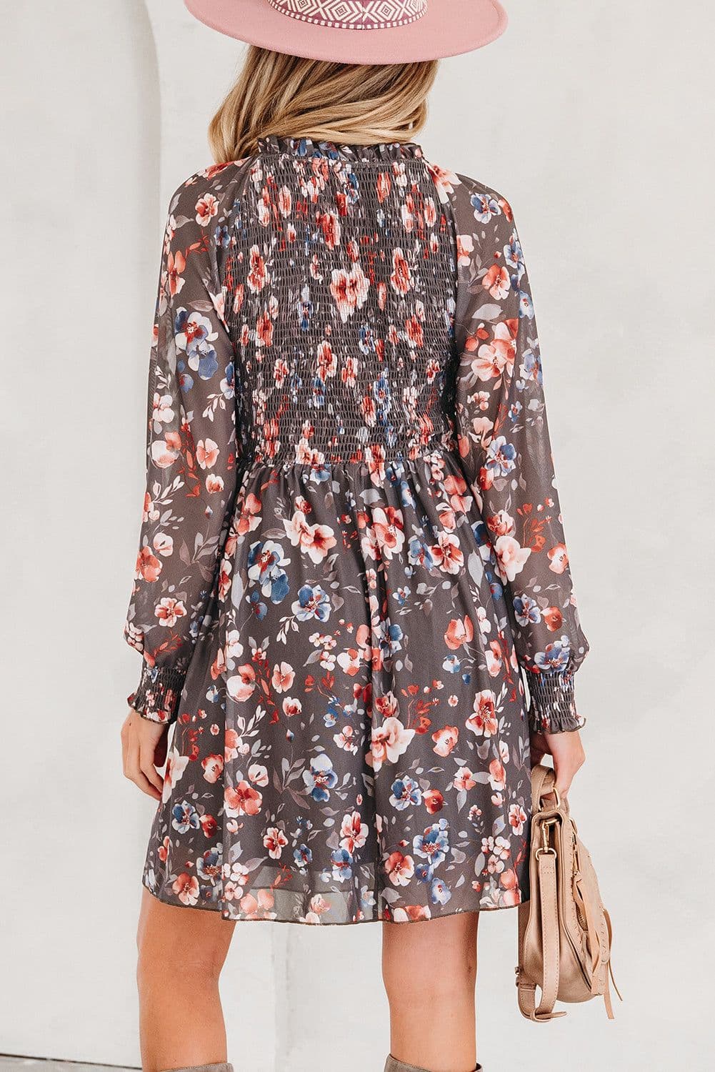 image-Brown Floral Mesh Mini Dress - Smocked Bodice Long Sleeve