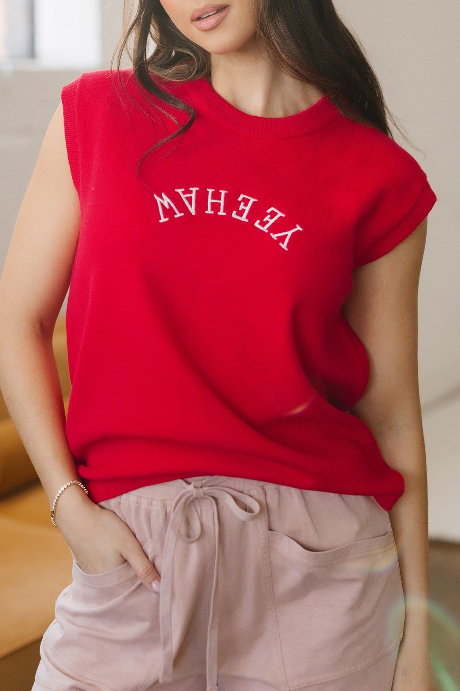 image-Fiery Red YEEHAW Embroidered Letter Loose Short Sleeve Sweater