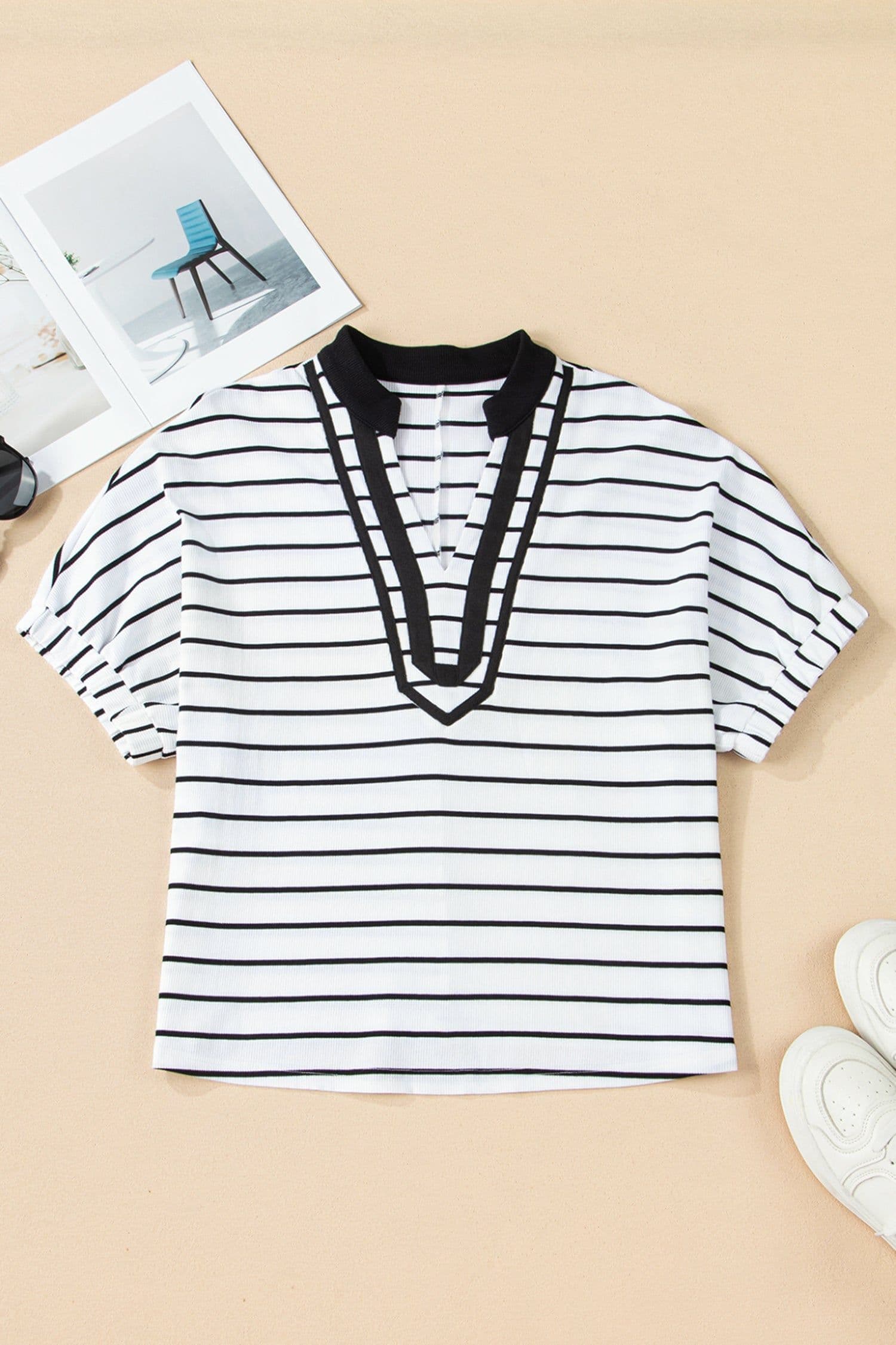 image-Blue Stripe Stand Collar V Neck Elastic Cuffs Half Sleeve Dolman Top