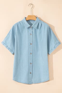 image-Sky Blue Stripe Short Sleeve Button Up Shirt