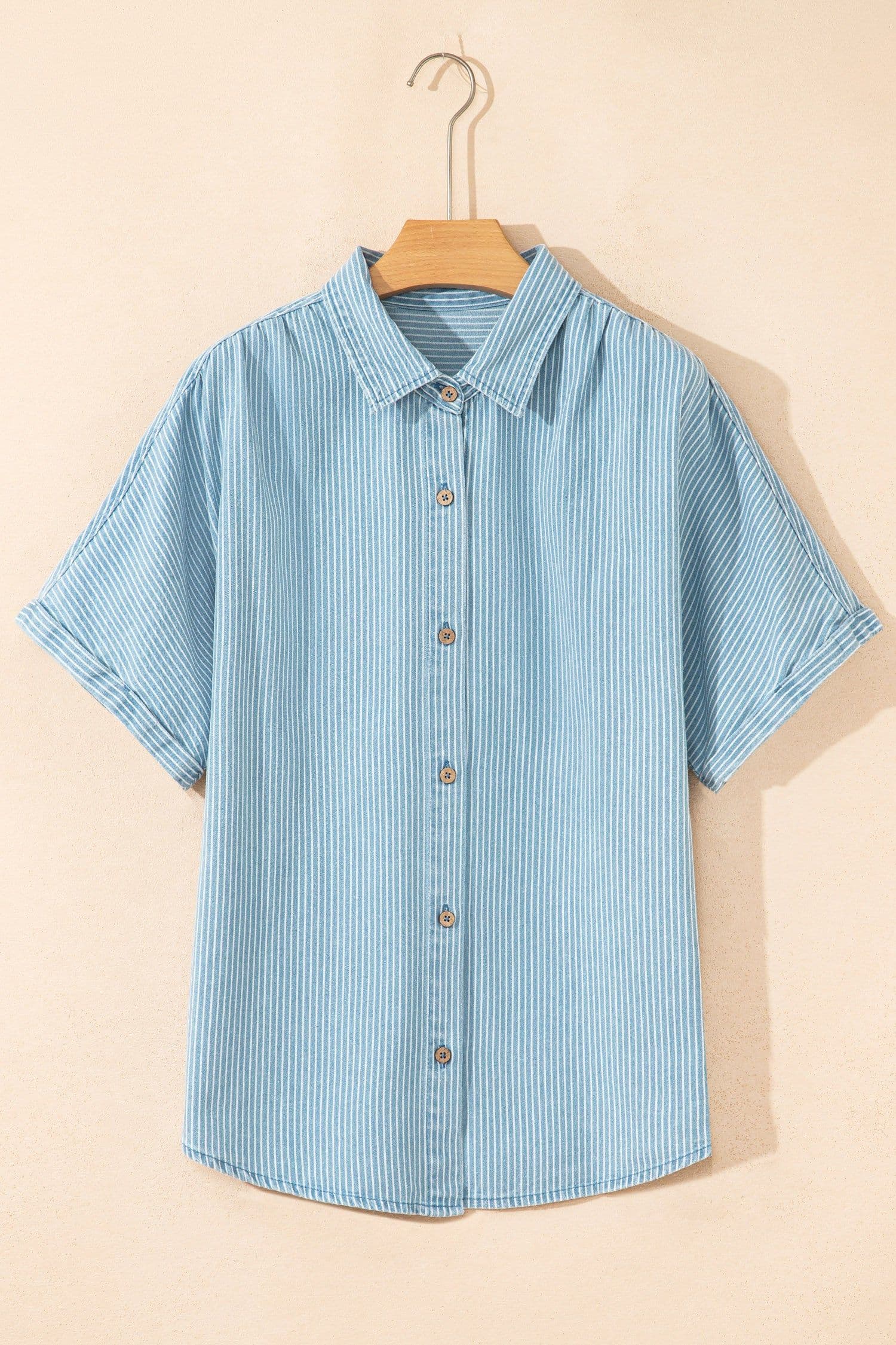 image-Sky Blue Stripe Short Sleeve Button Up Shirt