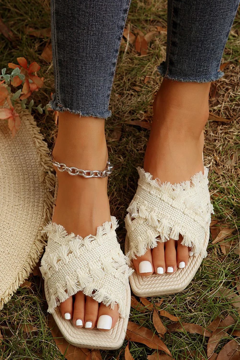 image-Woven Tassel Flat Slippers - Beige Crossed Straps