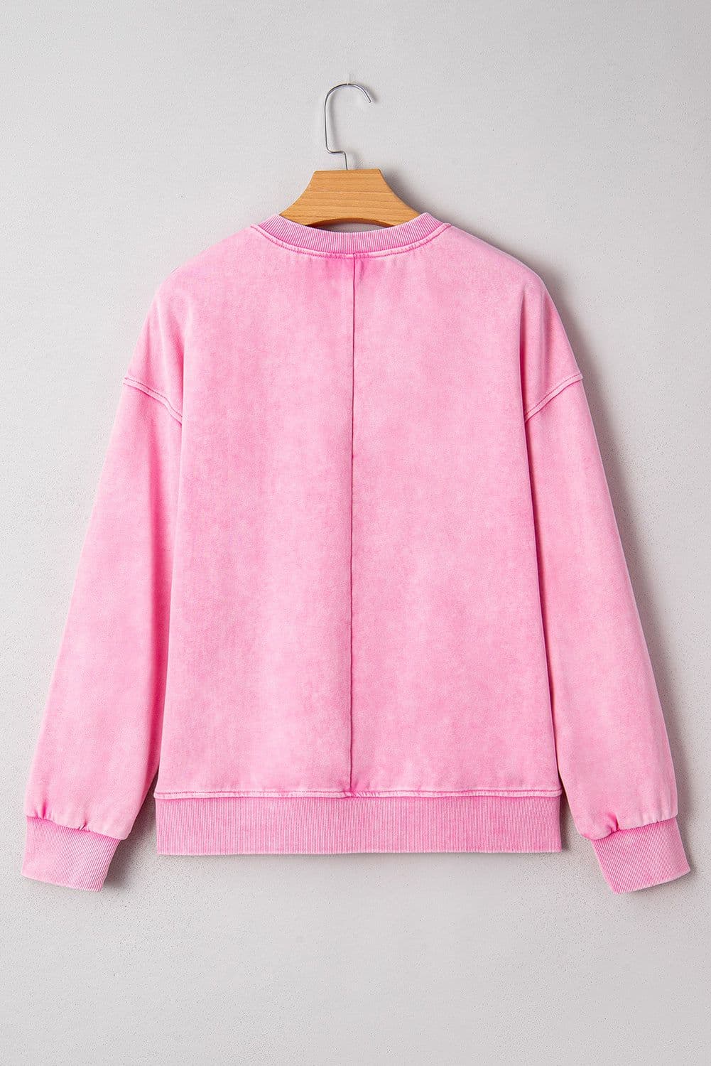 image-Bright Pink Mineral Wash Crossed Crew Neck Drop Shoulder Loose Sweatshirt